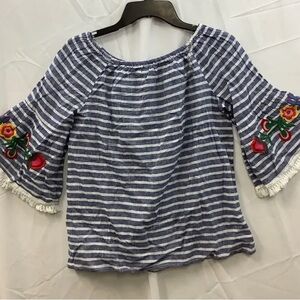 Beach Lunch Lounge Womens Blouse Top Blue Striped Off Shoulder Size large(my47)